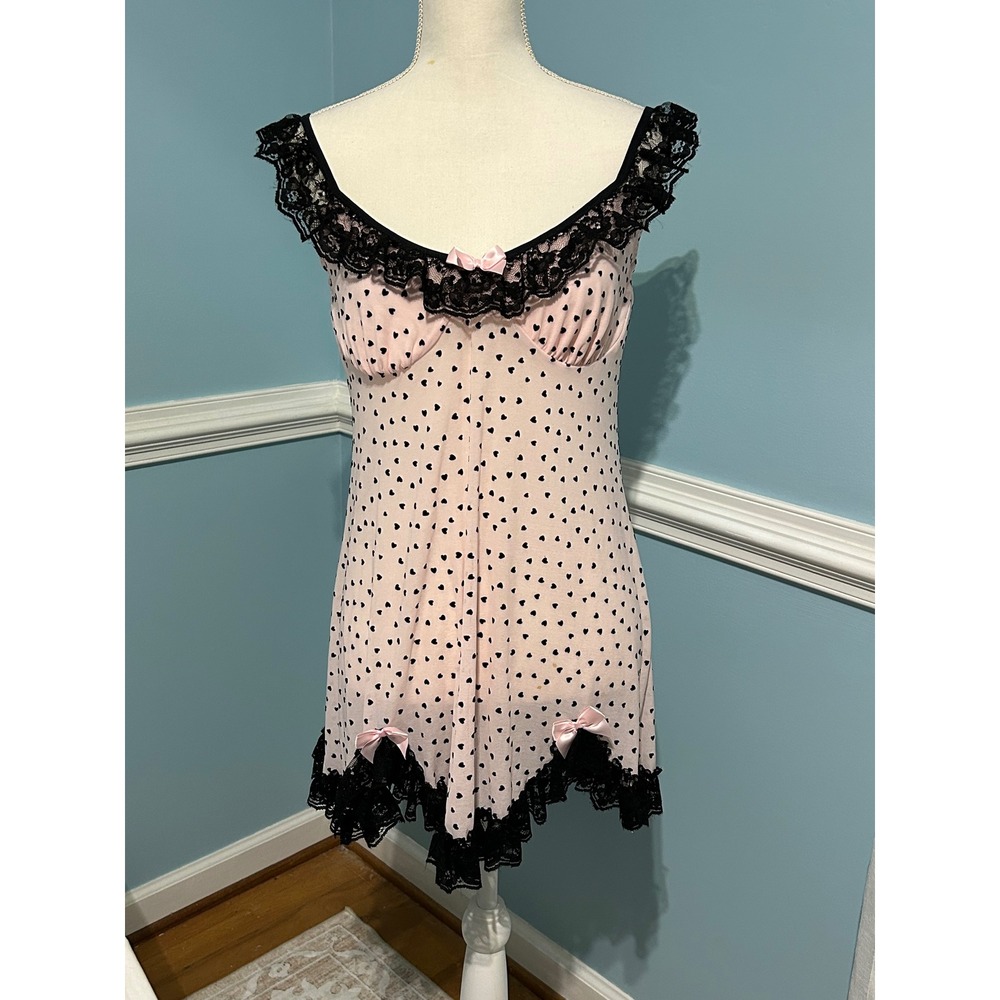 Cinema Etoile Seductivewear Pink Heart Print Lace Trim Chemise Nightgown XL